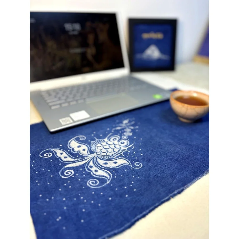 Handmade Indigo Batik Goldfish Tea Mat, Chinese Textile Placemat, Hand-Dyed